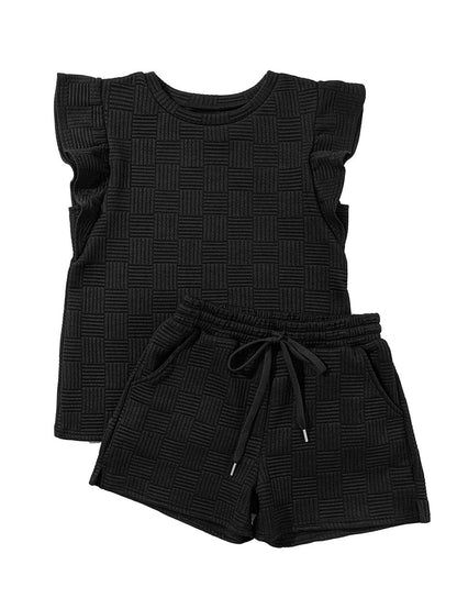 Textured Black Ruffled Sleeve Tee and Drawstring Shorts Set