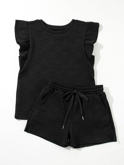 Textured Black Ruffled Sleeve Tee and Drawstring Shorts Set