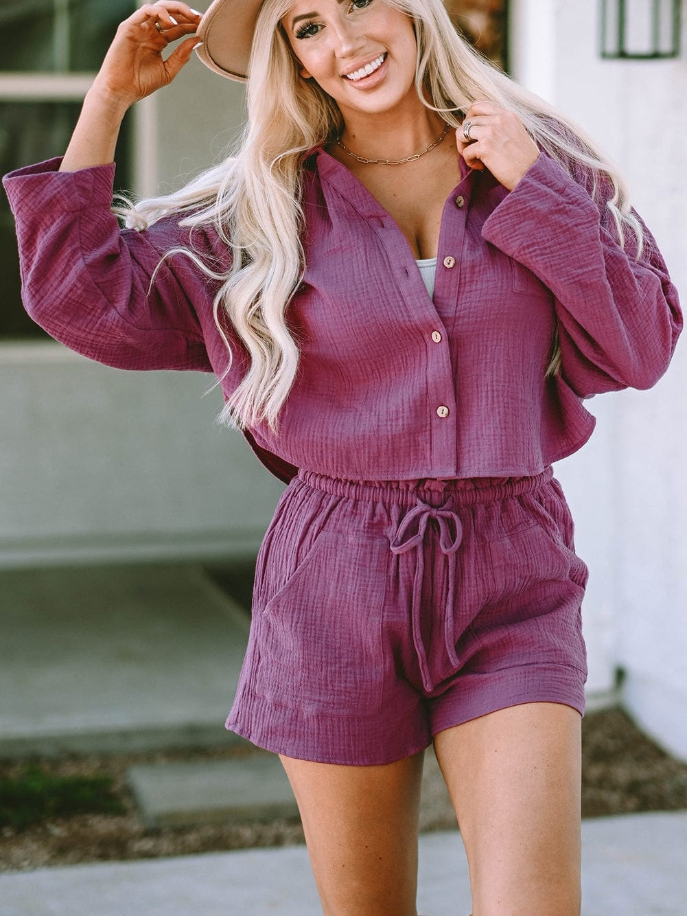 Textured Fabric Dolman Sleeve Co-ord Set with High Waist Shorts