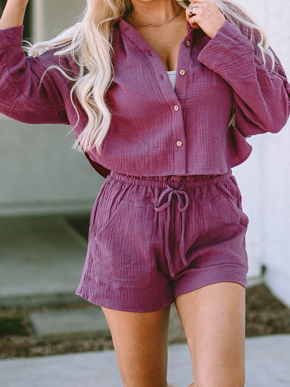 Textured Fabric Dolman Sleeve Co-ord Set with High Waist Shorts