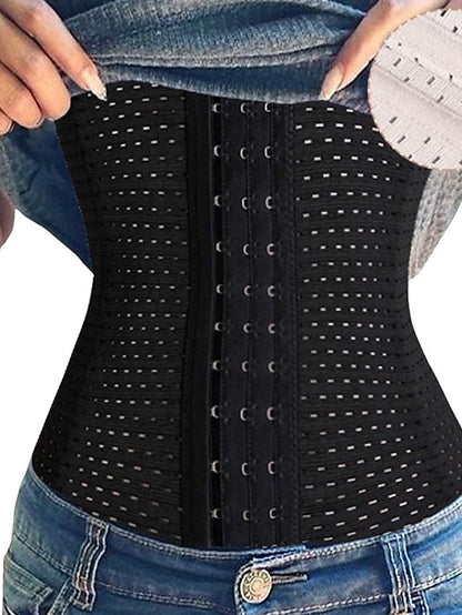 Corset Women's Waist Trainer Shapewears Office Running Gym Yoga Plus Size Creamy-white Black Brown Sport Breathable Hook & Eye Tummy Control Push Up Front Close Solid Color Summer Spring Fall - LuckyFash™