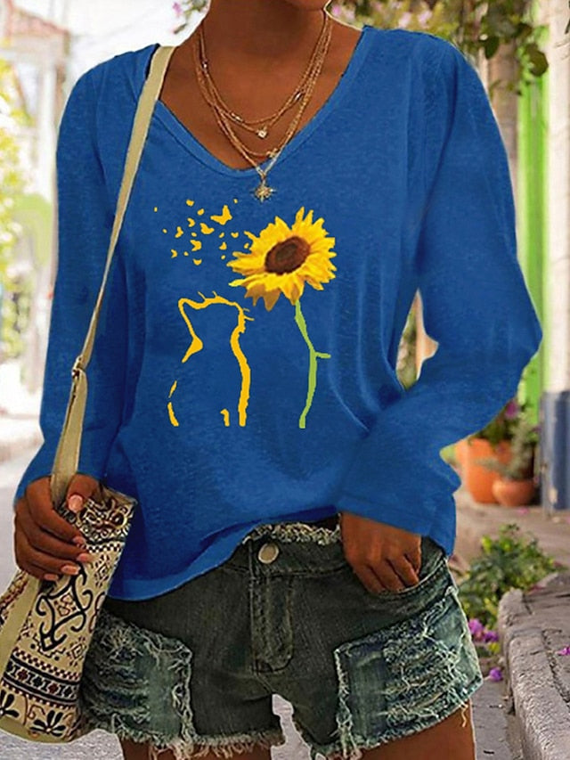 Women's T shirt Tee Black White Blue Cat Sunflower Print Long Sleeve Sports Weekend Basic V Neck Regular Cotton Floral Cat Painting S - LuckyFash™