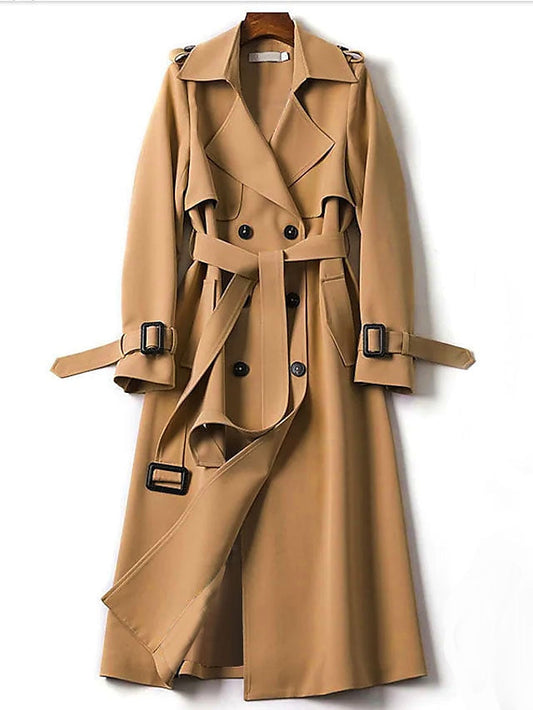 Women's Trench Coat Fall Double Breasted Lapel Long Coat with Belt Winter Warm Windproof Jacket with Pockets Maillard Black Blue Camel Beige Daily S M L XL XXL 3XL
