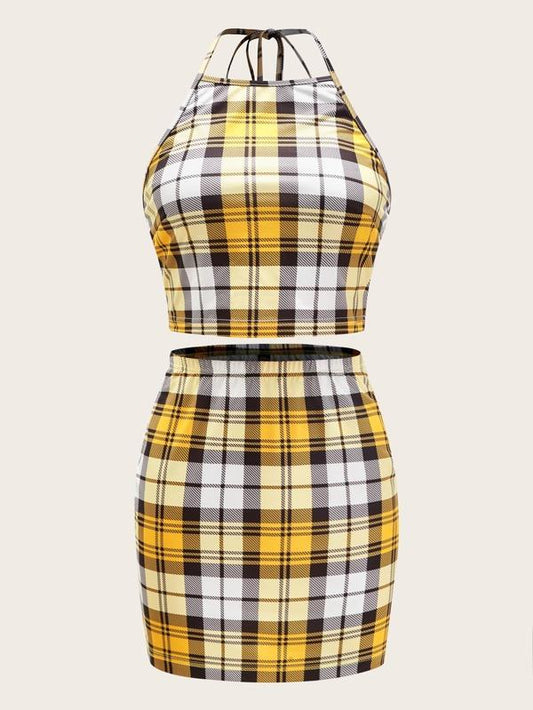 Tie Back Plaid Halter Top & Skirt Set for Women