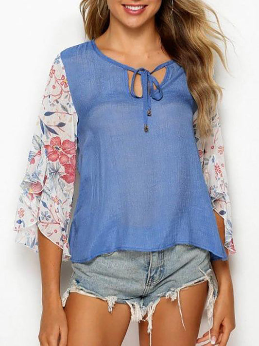 Tie Collar Floral Panel Chambray Blouse for Women
