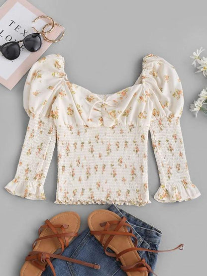 Tie Collar Smocked Ditsy Floral Milkmaid Blouse for Women