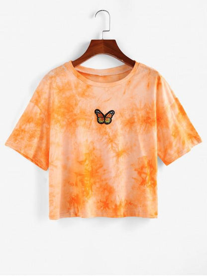 Tie Dye Butterfly Embroidered T Shirt for Women