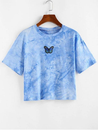 Tie Dye Butterfly Embroidered T Shirt for Women