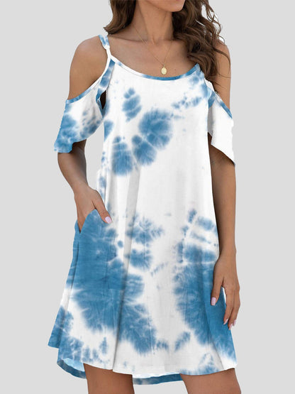 Mini Dresses - Tie-Dye Casual Off The Shoulder Ruffle Pocket Dress - MsDressly