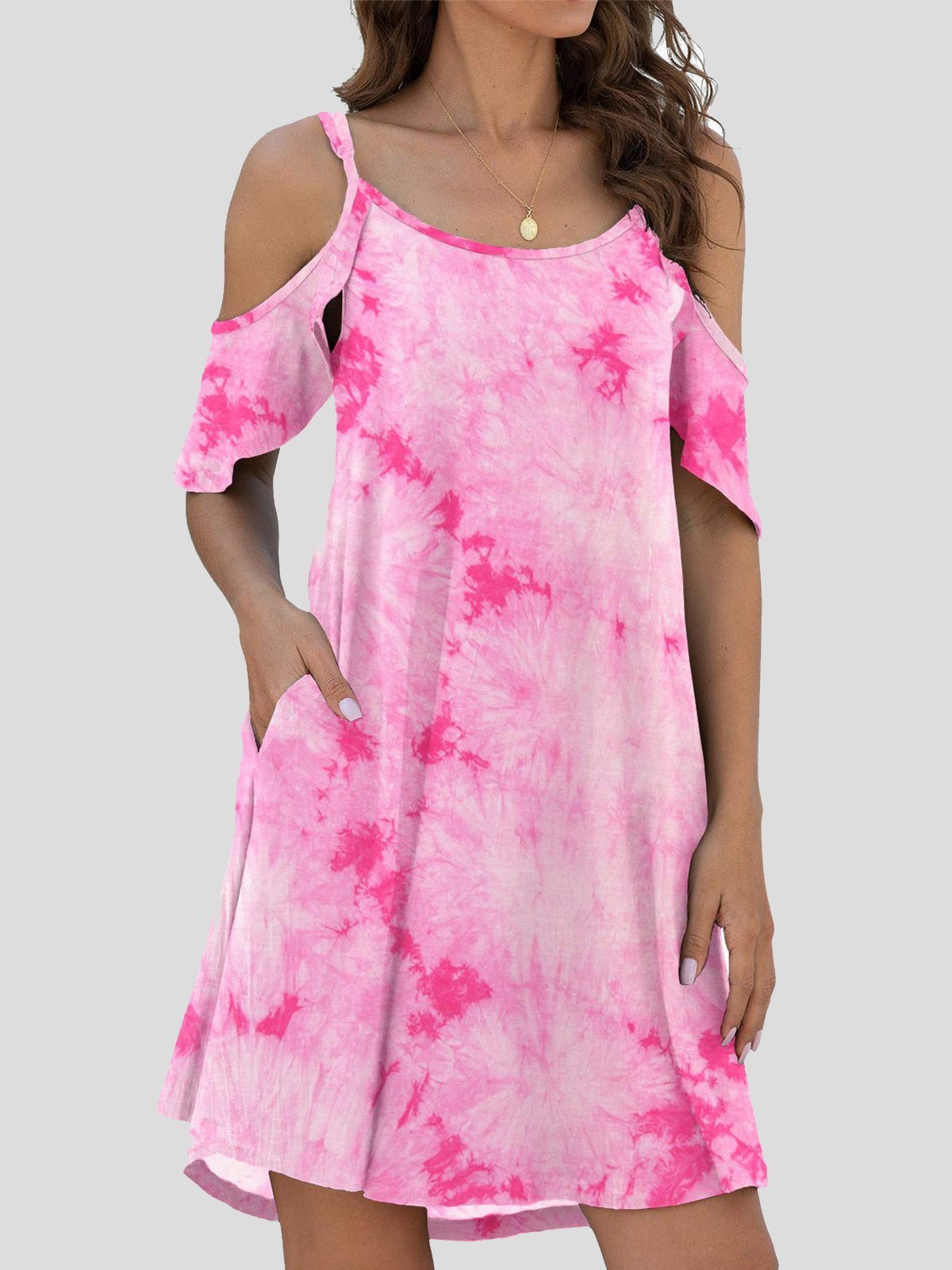 Mini Dresses - Tie-Dye Casual Off The Shoulder Ruffle Pocket Dress - MsDressly