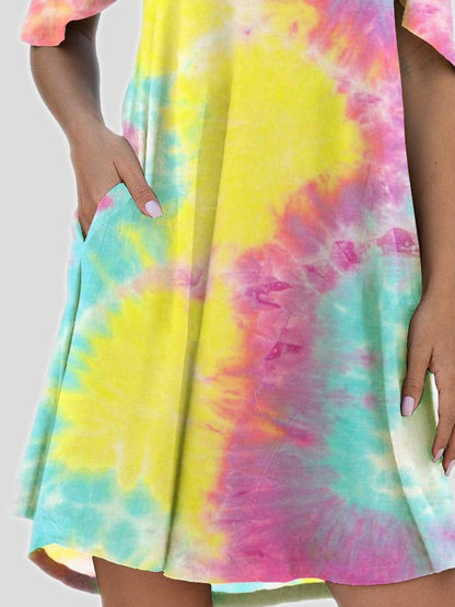 Mini Dresses - Tie-Dye Casual Off The Shoulder Ruffle Pocket Dress - MsDressly