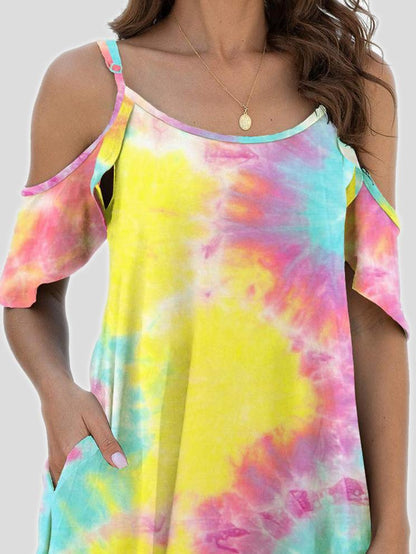 Mini Dresses - Tie-Dye Casual Off The Shoulder Ruffle Pocket Dress - MsDressly