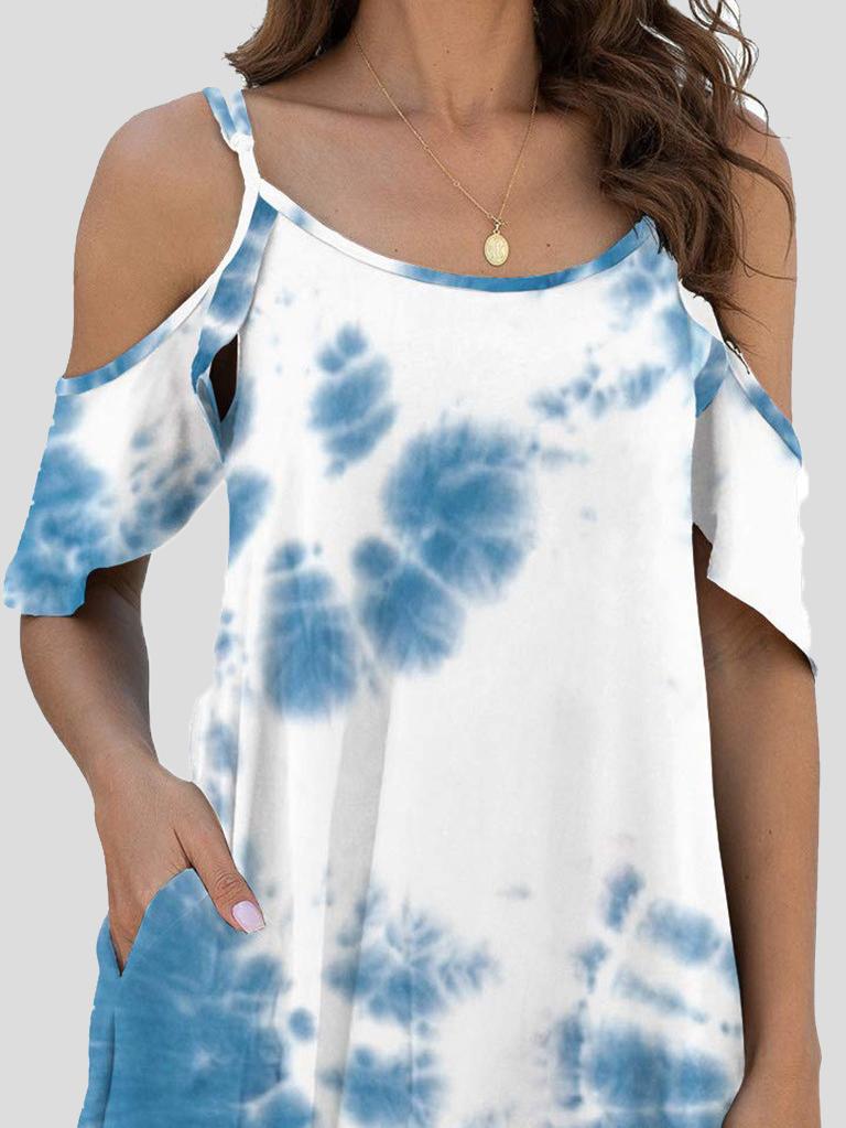 Mini Dresses - Tie-Dye Casual Off The Shoulder Ruffle Pocket Dress - MsDressly