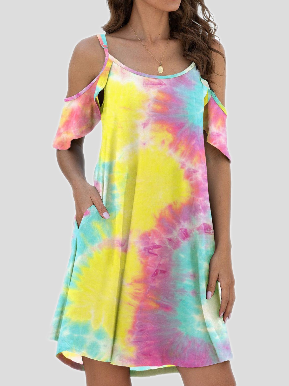 Mini Dresses - Tie-Dye Casual Off The Shoulder Ruffle Pocket Dress - MsDressly