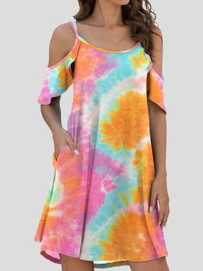 Mini Dresses - Tie-Dye Casual Off The Shoulder Ruffle Pocket Dress - MsDressly