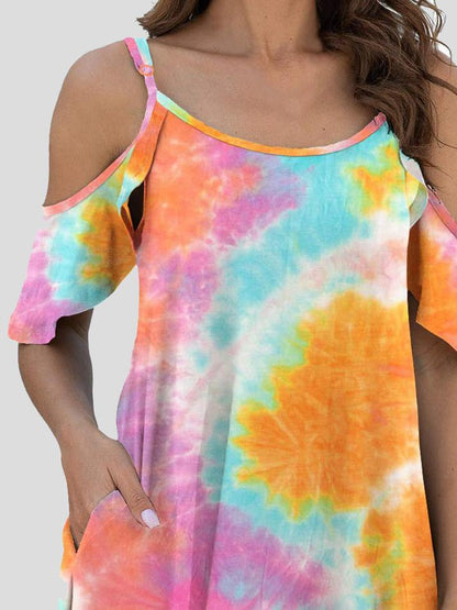 Mini Dresses - Tie-Dye Casual Off The Shoulder Ruffle Pocket Dress - MsDressly