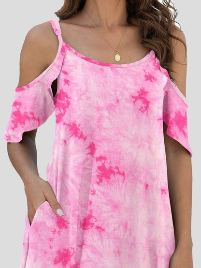 Mini Dresses - Tie-Dye Casual Off The Shoulder Ruffle Pocket Dress - MsDressly