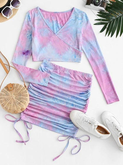 Tie Dye Cinched Surplice Mini Skirt Set - LuckyFash™