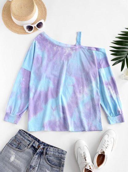 Tie Dye Cold Shoulder Pullover Sweatshirt for Women