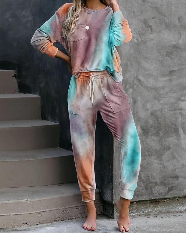 Tie Dye Long Sleeve Loose Drawstring Pants Suit Set - LuckyFash™