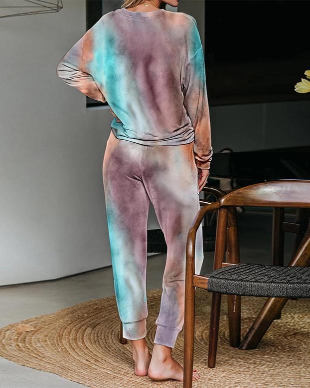 Tie Dye Long Sleeve Loose Drawstring Pants Suit Set - LuckyFash™