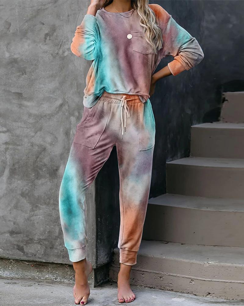 Tie Dye Long Sleeve Loose Drawstring Pants Suit Set for Women