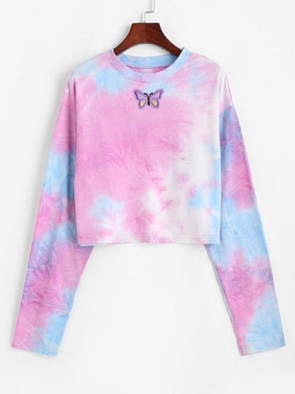 Tie Dye Print Butterfly Embroidered Sweatshirt for Women