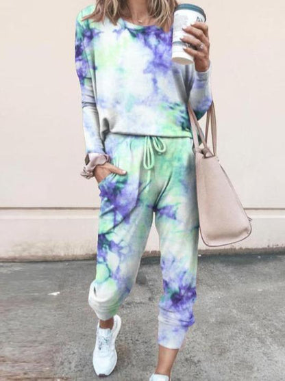 Tie Dye Print Top & Drawstring Pants Set for Women