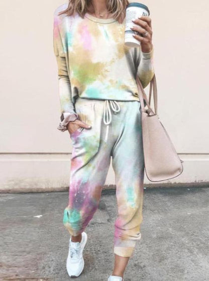 Tie Dye Print Top & Drawstring Pants Set for Women