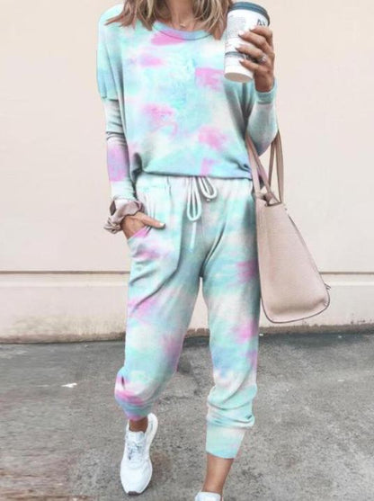 Tie Dye Print Top & Drawstring Pants Set for Women