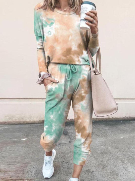 Tie Dye Print Top & Drawstring Pants Set for Women