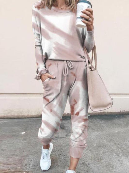 Tie Dye Print Top & Drawstring Pants Set for Women