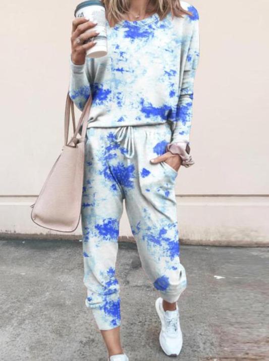 Tie Dye Print Top & Drawstring Pants Set for Women