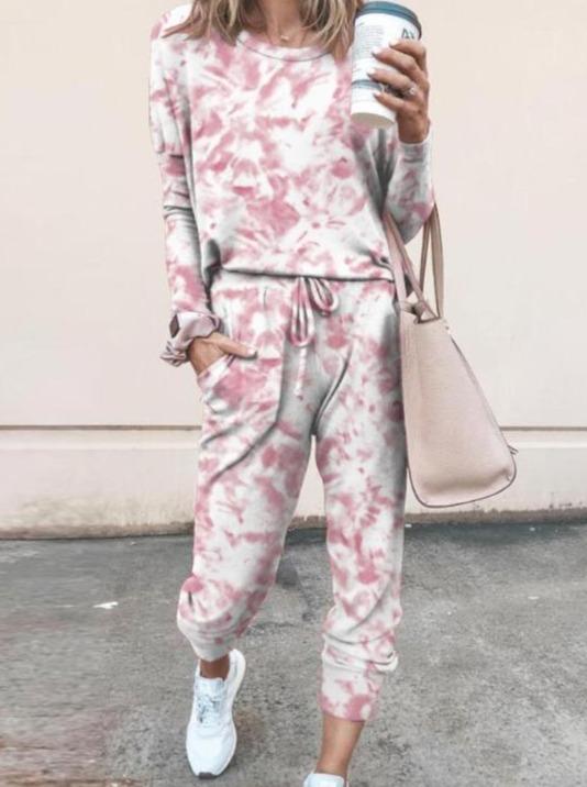 Tie Dye Print Top & Drawstring Pants Set for Women