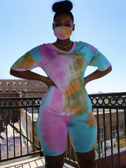 Tie Dye Print V-neck Top & Shorts Set With Face Cover - LuckyFash™