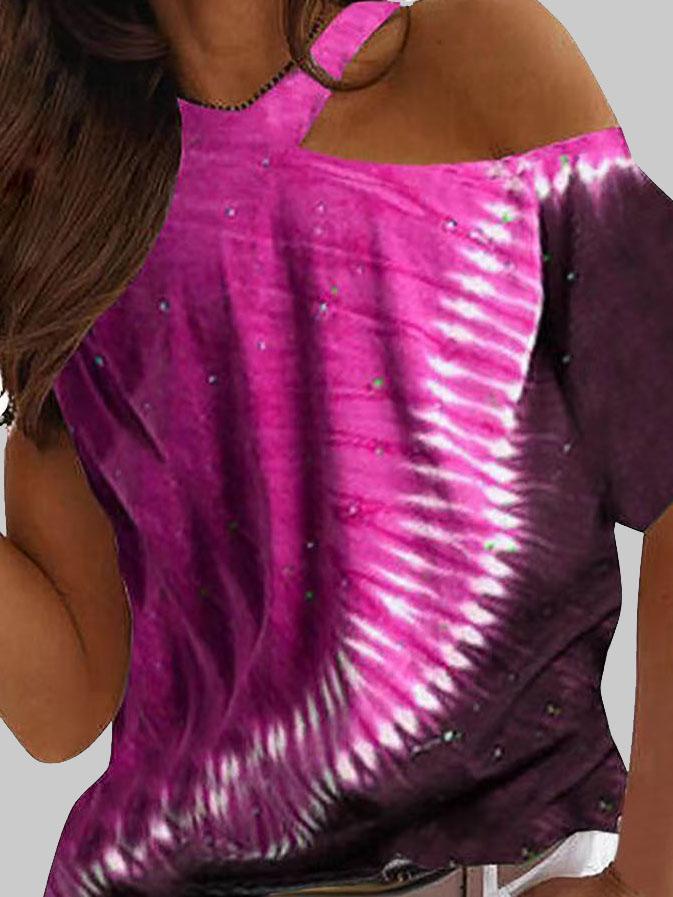 T-Shirts - Tie-dye Printed Off The Shoulder Irregular Short Sleeve T-shirt - MsDressly