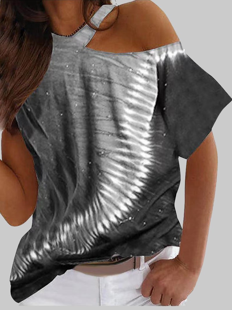 T-Shirts - Tie-dye Printed Off The Shoulder Irregular Short Sleeve T-shirt - MsDressly