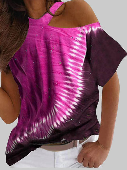 T-Shirts - Tie-dye Printed Off The Shoulder Irregular Short Sleeve T-shirt - MsDressly