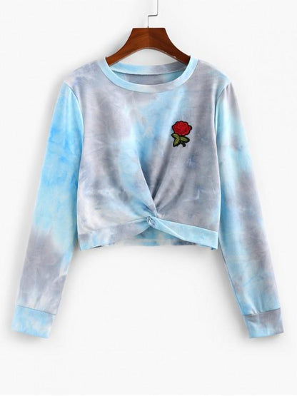 Tie Dye Rose Applique Front Twist Sweatshirt for Women