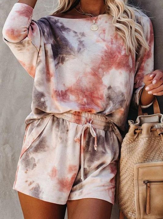 Tie Dye Short Sleeve Dawstring Loose Suit Sets