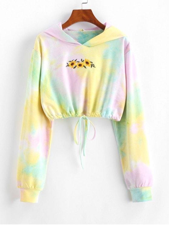 Tie Dye Sunflower Embroidered Copped Hoodie for Women