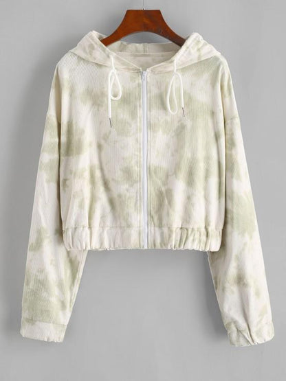 Tie Dye Zip Corduroy Hooded Jacket for Women