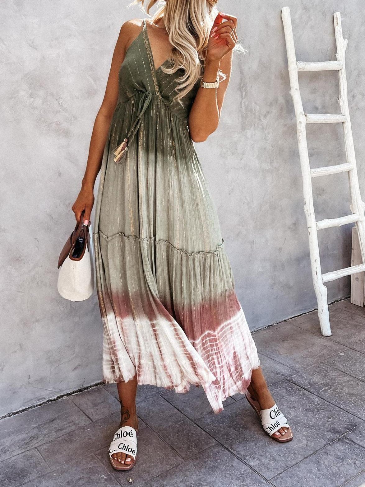 Tie-dyed V-neck Suspender Casual Dress - LuckyFash™