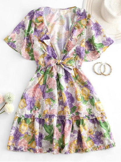 Tie Front Floral Ruffles Mini Dress - LuckyFash™