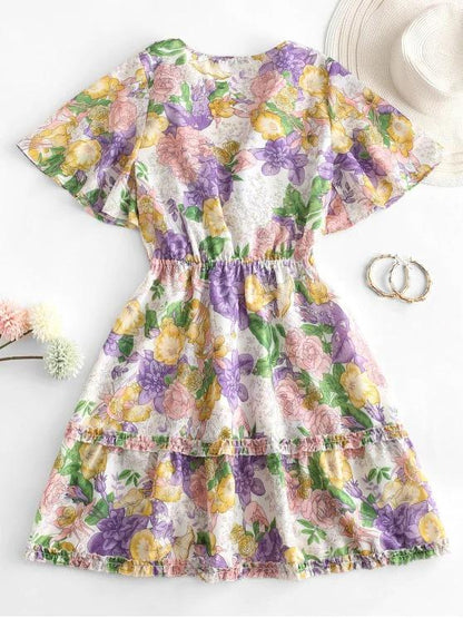 Tie Front Floral Ruffles Mini Dress - LuckyFash™