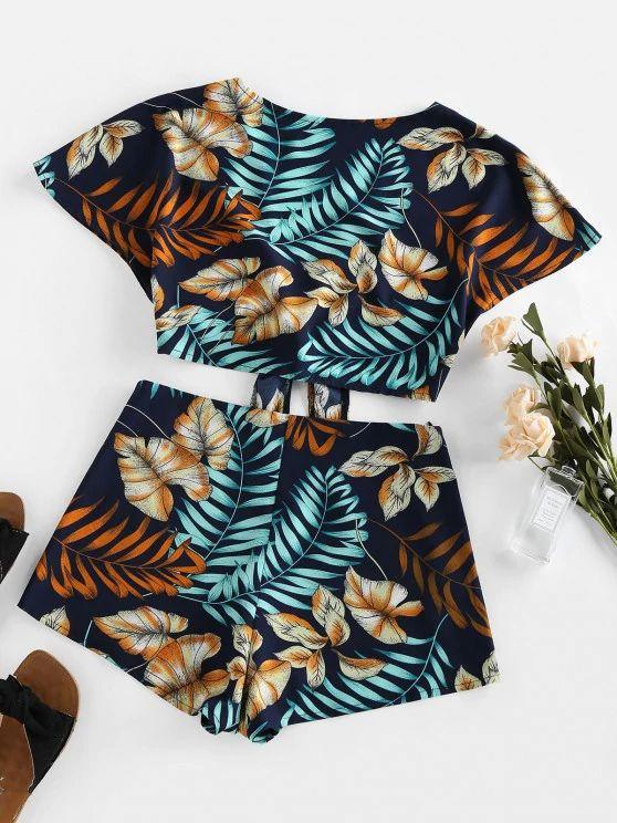 Tie Front Leaves Print Top and Shorts Set - LuckyFash™