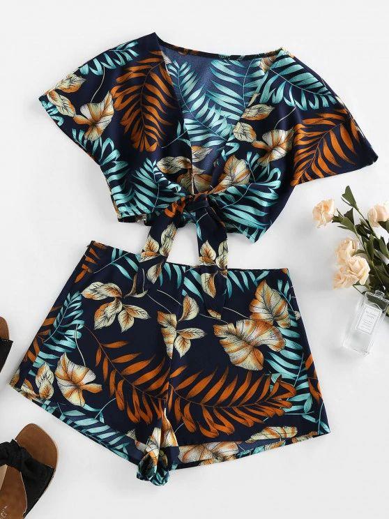 Tie Front Leaves Print Top and Shorts Set - LuckyFash™