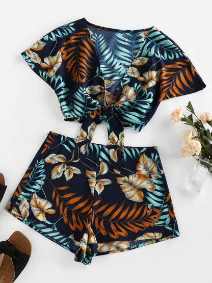 Tie Front Leaves Print Top and Shorts Set - LuckyFash™