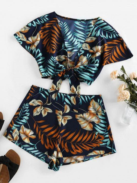 Tie Front Leaves Print Top and Shorts Set for Women