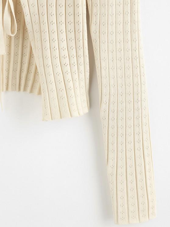 Tie Front Pointelle Knit Ribbed Cardigan - LuckyFash™